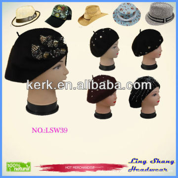 LSW39 Ningbo Lingshang moda negro ladies100% lana de fieltro Hat